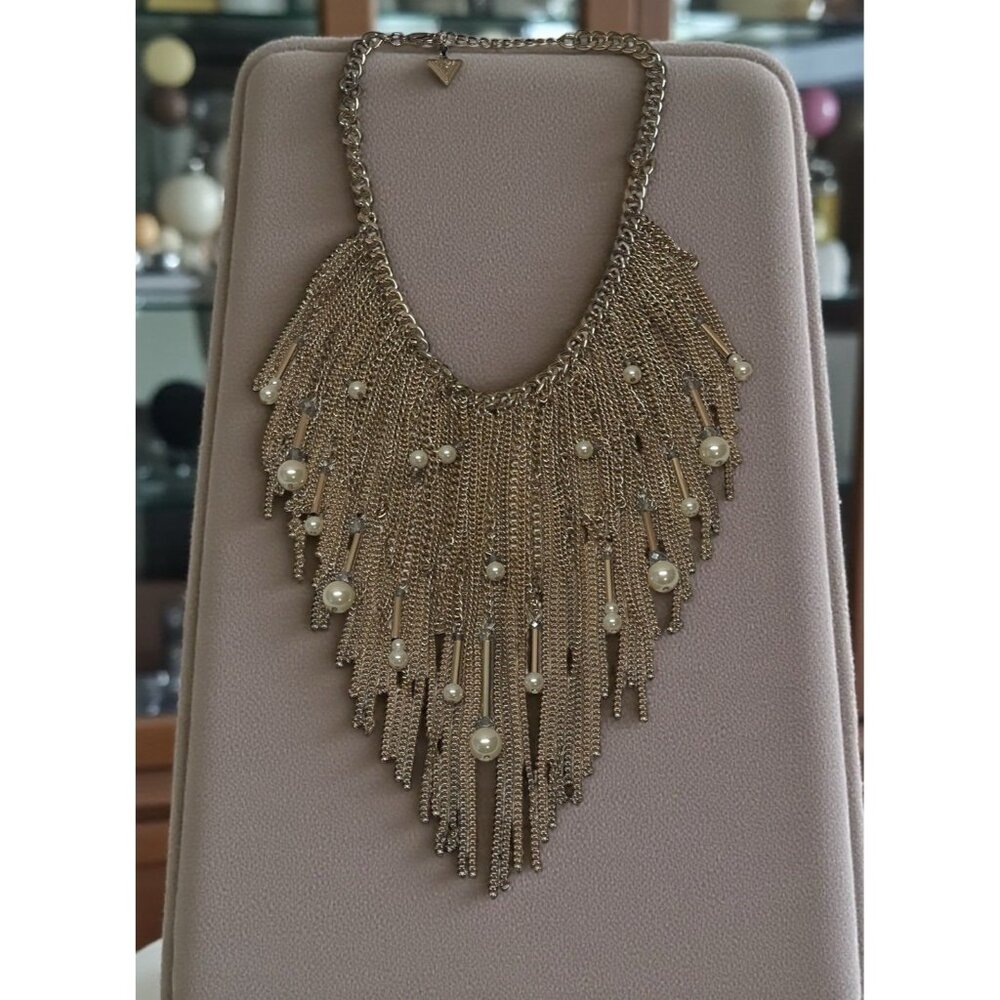 GUESS GOLD TONE FRINGE STATEMENT BIB STYLE CHAIN LINK NECKLACE W/beads